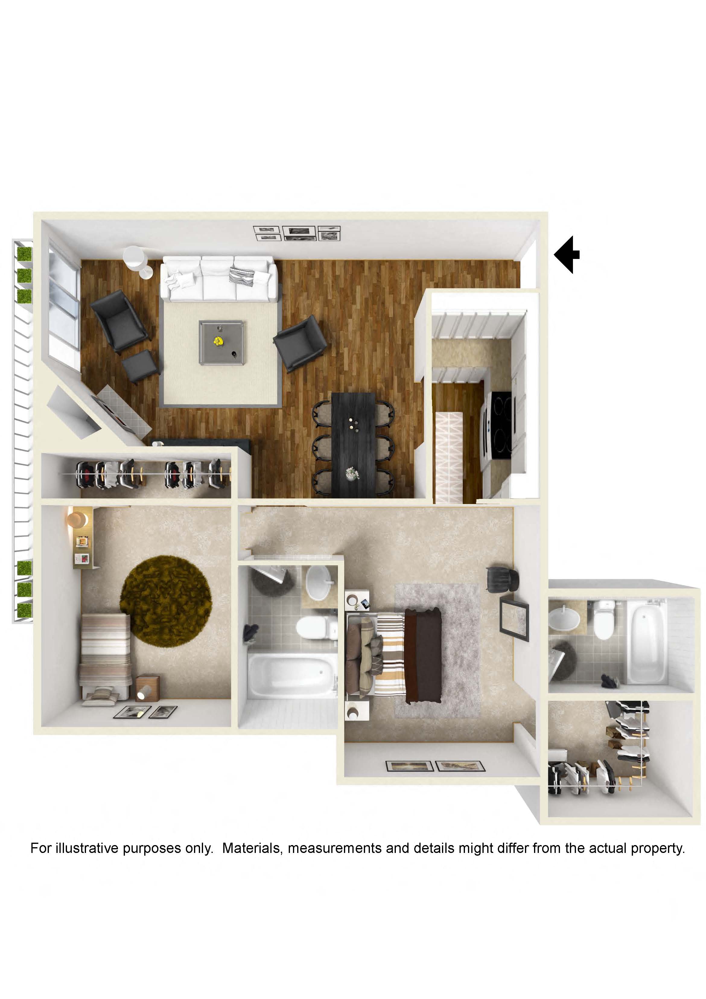 Floor plan for 2 beds, 2 baths, 950 sqft